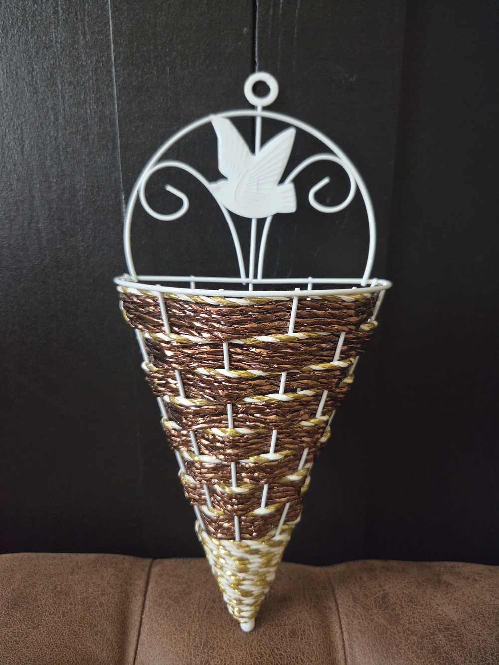 White Metal & Brown Woven Cone Wall Planter With Gold Accents